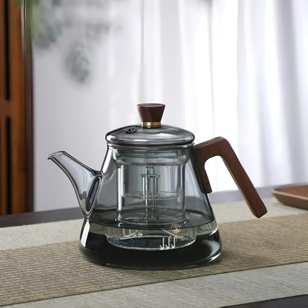 Glas Teekanne 900ml mit Sieb - Borosilikatglas Teezubereiter mit Holzgriff & Deckel