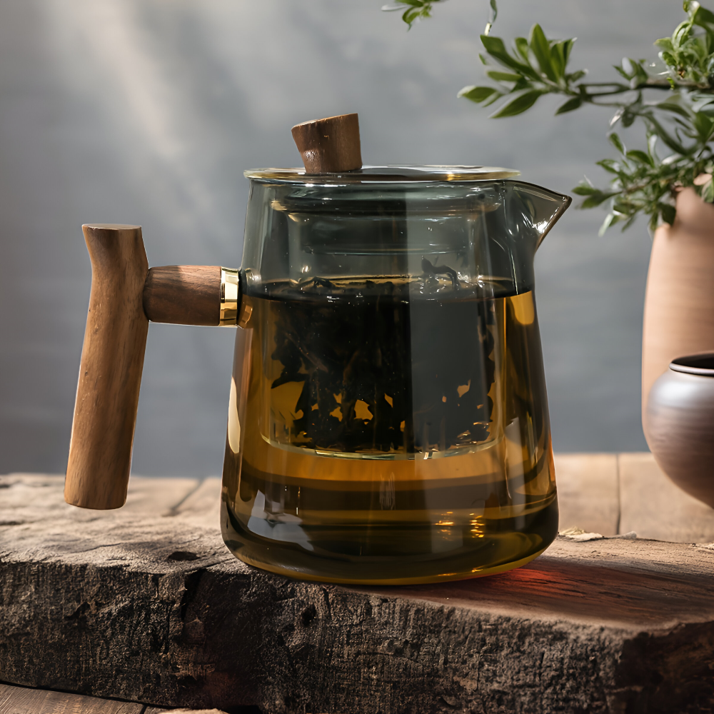 Glas Teekanne mit Sieb & Holzgriff – Teebereiter, 550ml-850ml