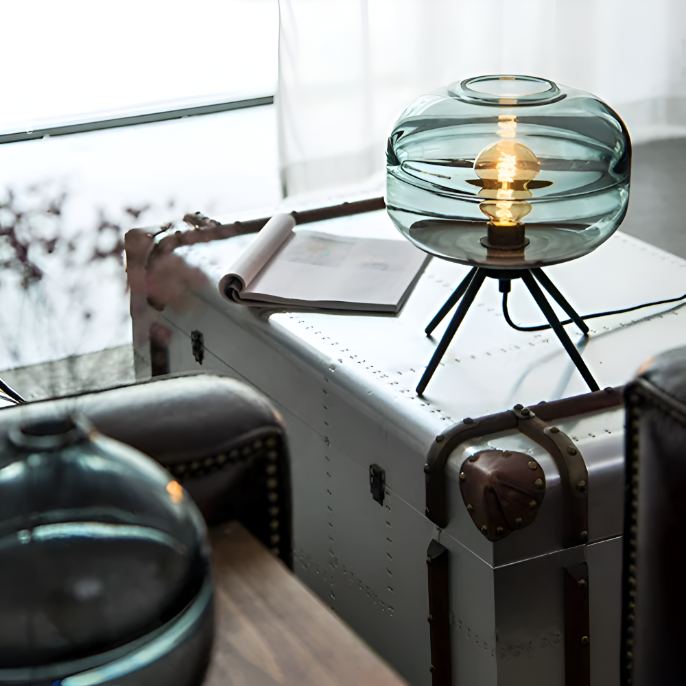 GlossiQuad Tischlampe - Vintage Dome Quadpod Design E27 Glas Schreibtischlampe