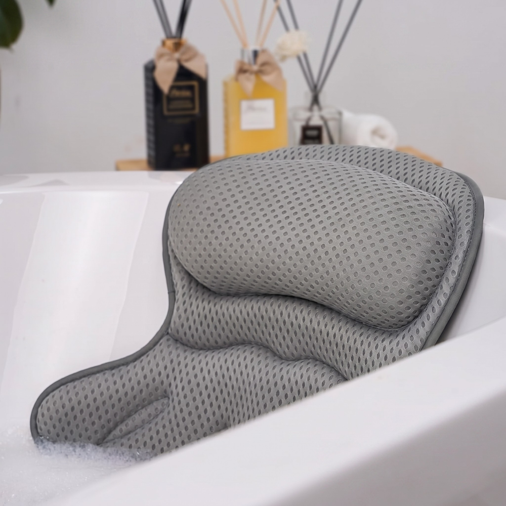 Graues Badewannenkissen mit Nacken- und Rückenstütze – Ergonomisches 4D-Air-Mesh Badekissen mit Saugnäpfen