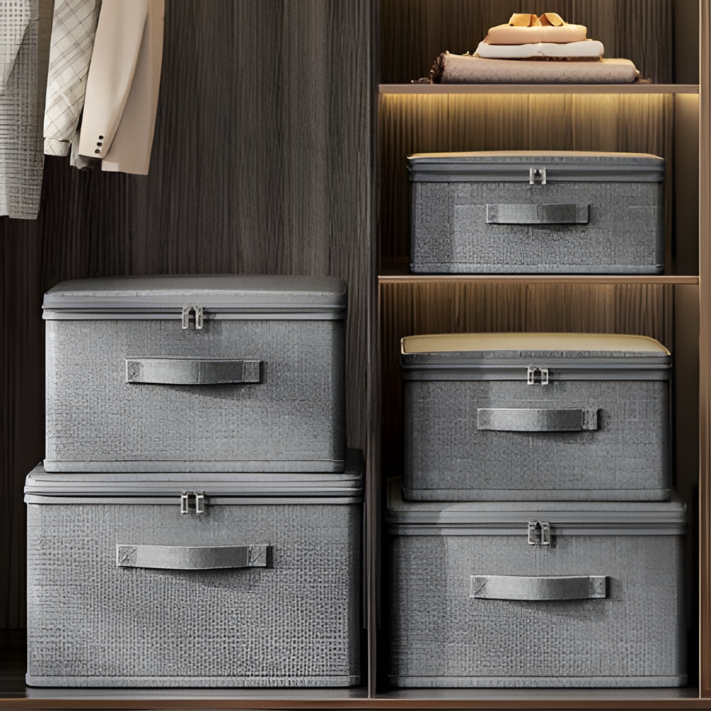 Grau Stoff-Aufbewahrungsbox mit Deckel – Faltbare Kleiderbox, Waschbar