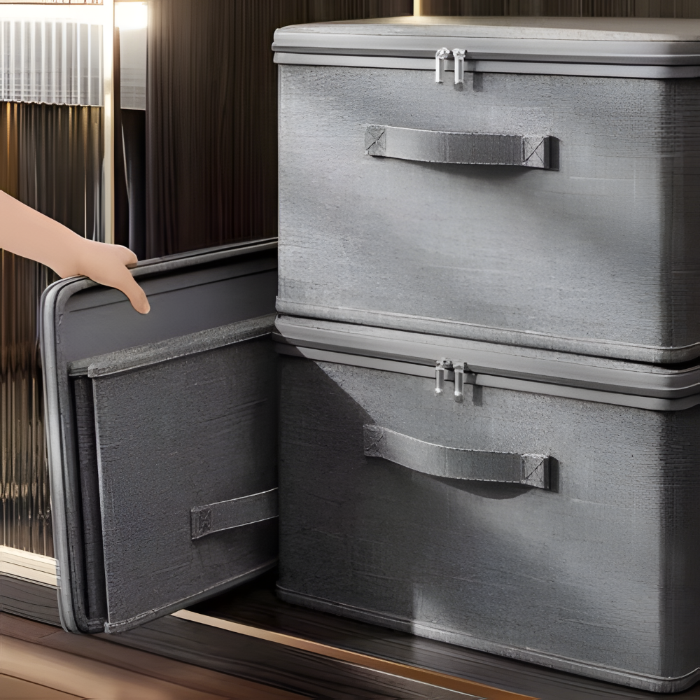 Grau Stoff-Aufbewahrungsbox mit Deckel – Faltbare Kleiderbox, Waschbar