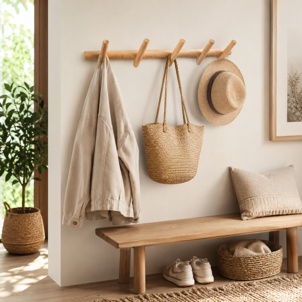 Holz Wandgarderobe mit 5 Haken – Minimalistische Garderobenleiste für Flur, Tasche, Jacke & Wohnraum