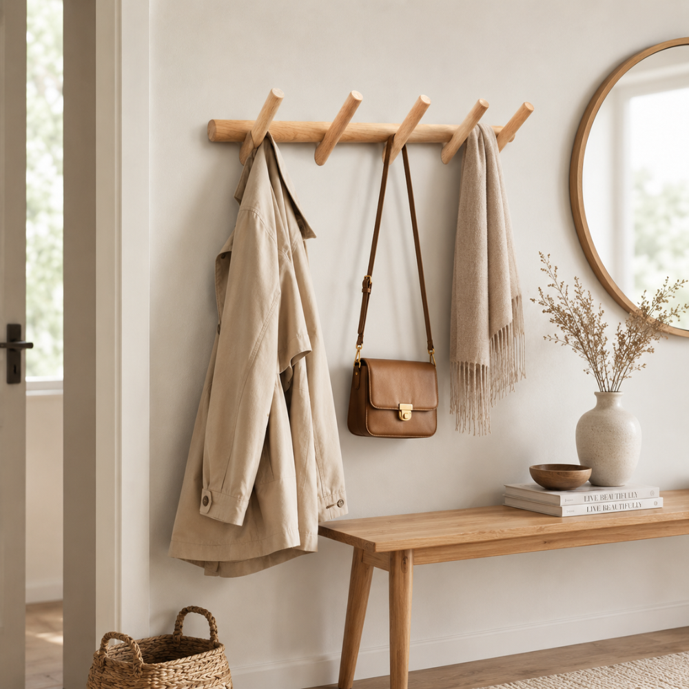 Holz Wandgarderobe mit 5 Haken – Minimalistische Garderobenleiste für Flur, Tasche, Jacke & Wohnraum