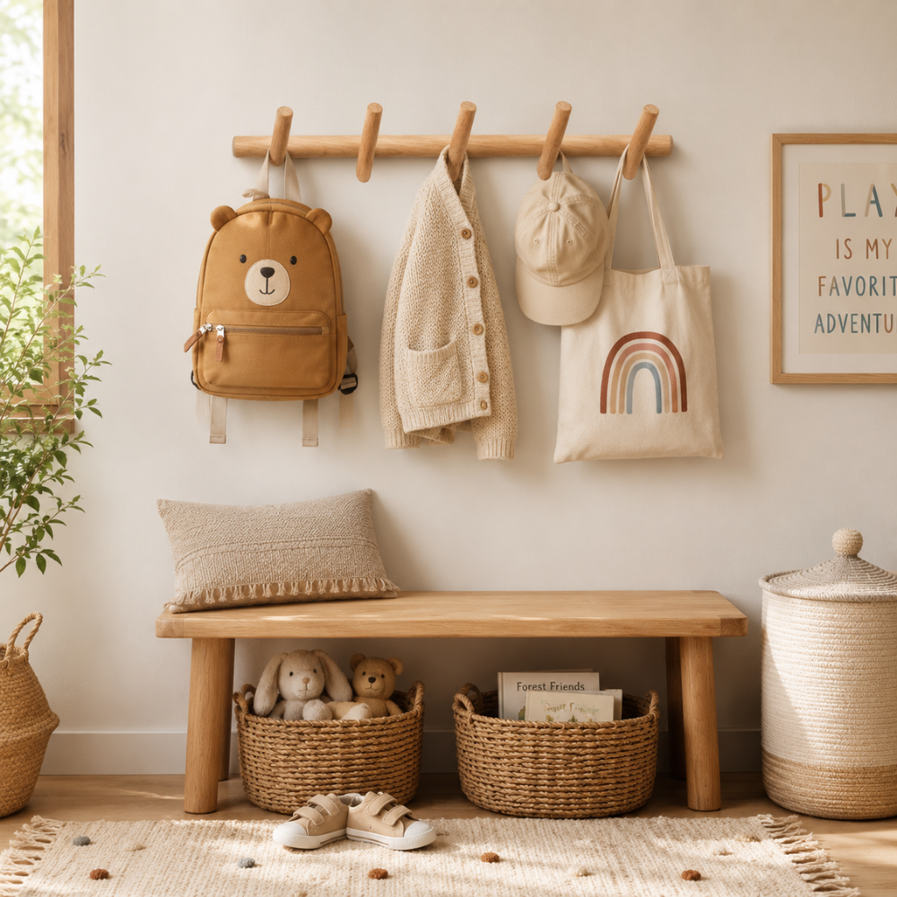 Holz Wandgarderobe mit 5 Haken – Minimalistische Garderobenleiste für Flur, Tasche, Jacke & Wohnraum