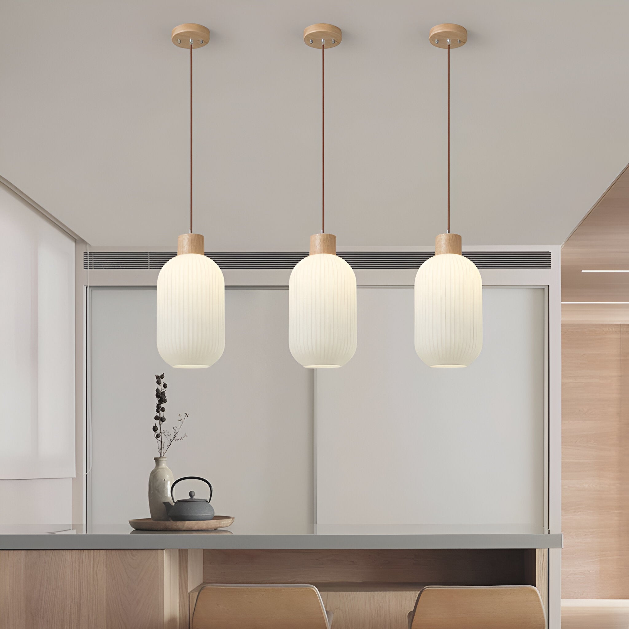 AkariLuxe Pendelleuchte - Elegante Japanische Milky Weiß Gerippte Glas Hängelampe
