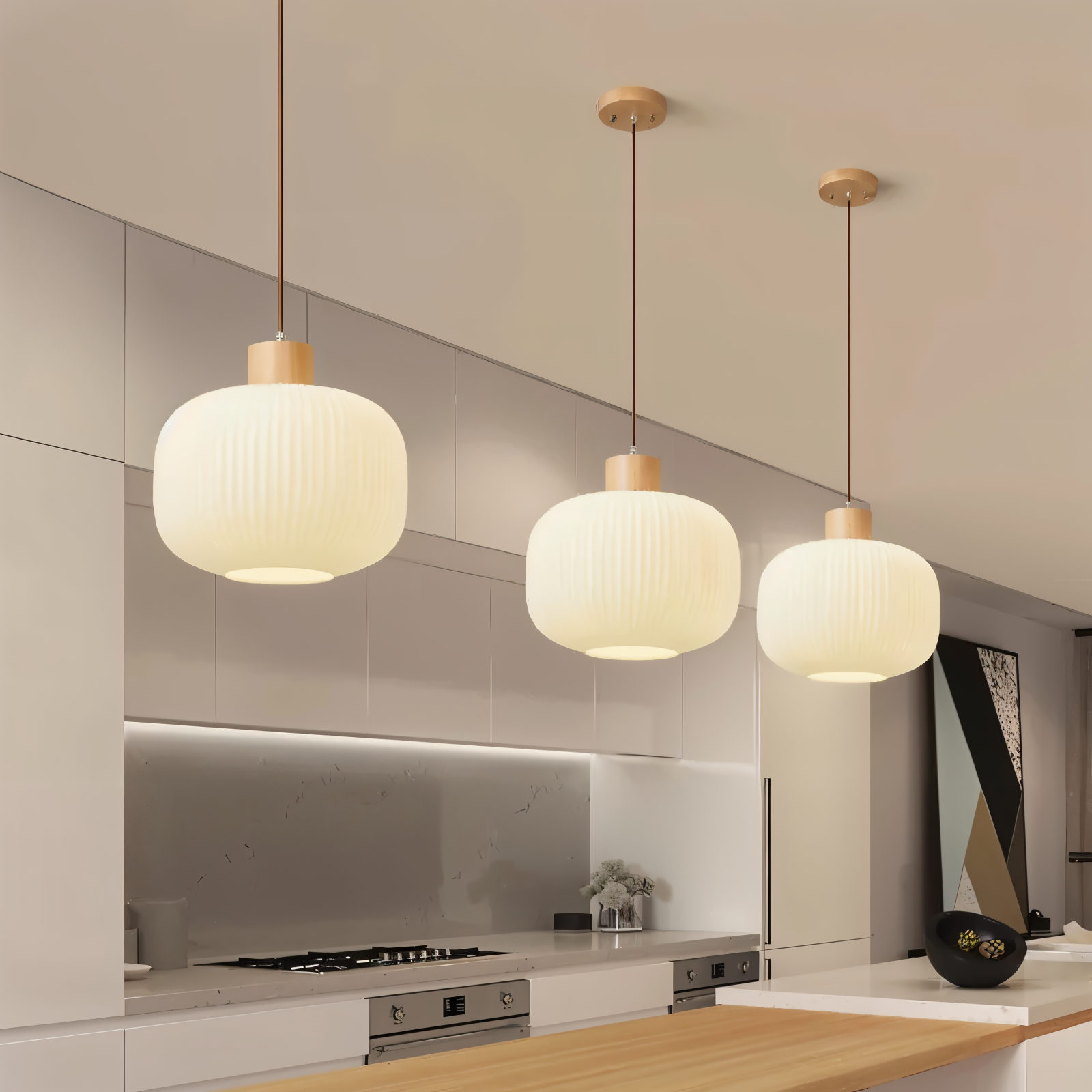 AkariLuxe Pendelleuchte - Elegante Japanische Milky Weiß Gerippte Glas Hängelampe