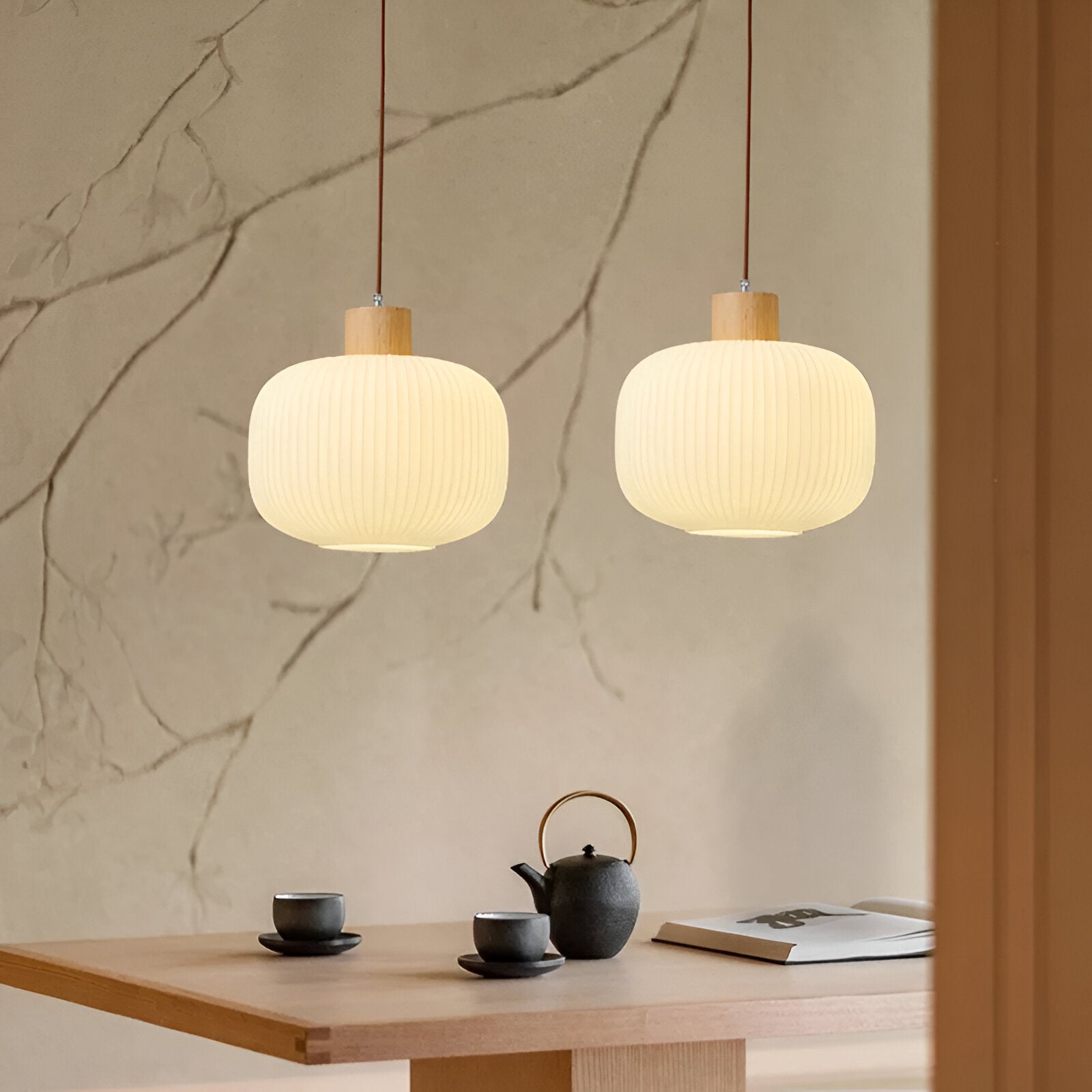AkariLuxe Pendelleuchte - Elegante Japanische Milky Weiß Gerippte Glas Hängelampe