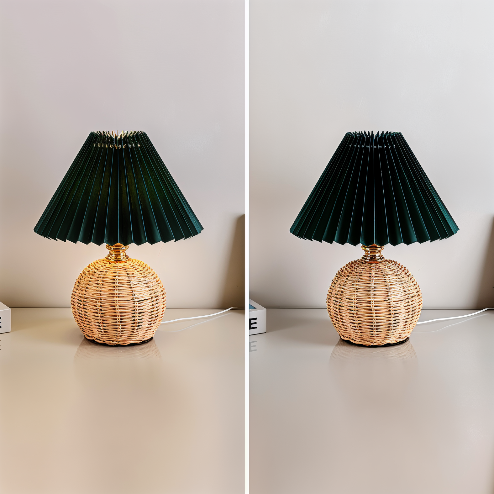 Brolly Plissierte Tischlampe - Retro Rattan Lampe - Konische Tischlampe