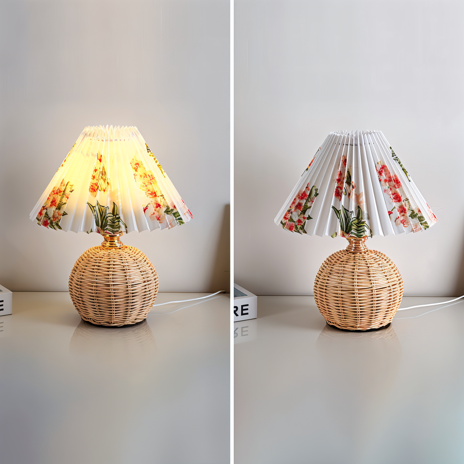 Brolly Plissierte Tischlampe - Retro Rattan Lampe - Konische Tischlampe