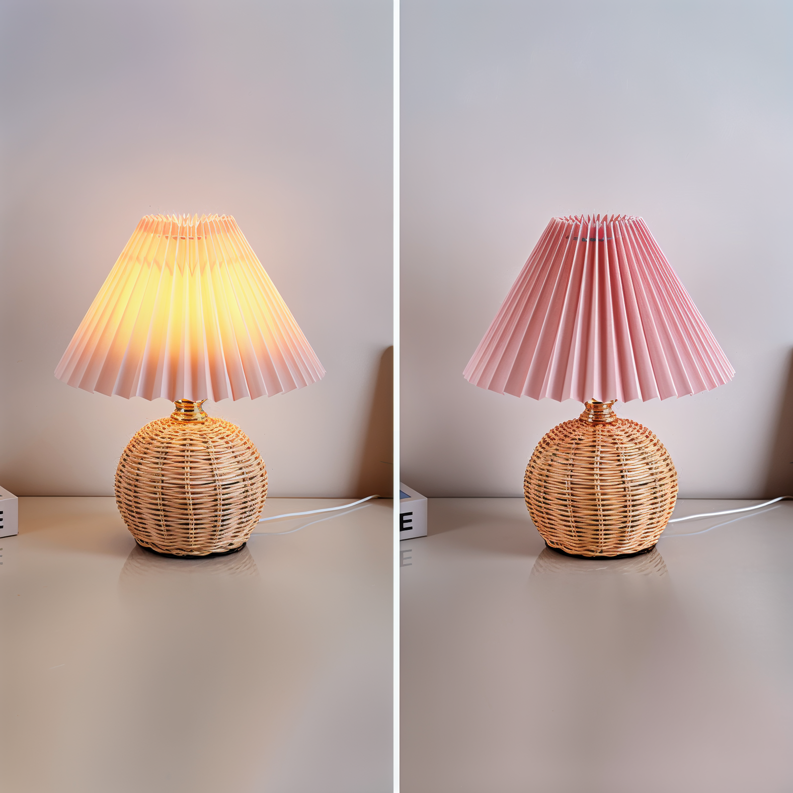 Brolly Plissierte Tischlampe - Retro Rattan Lampe - Konische Tischlampe