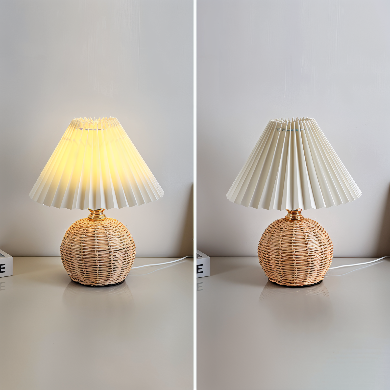 Brolly Plissierte Tischlampe - Retro Rattan Lampe - Konische Tischlampe