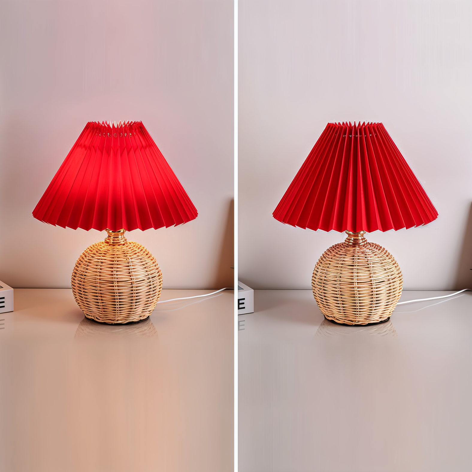 Brolly Plissierte Tischlampe - Retro Rattan Lampe - Konische Tischlampe
