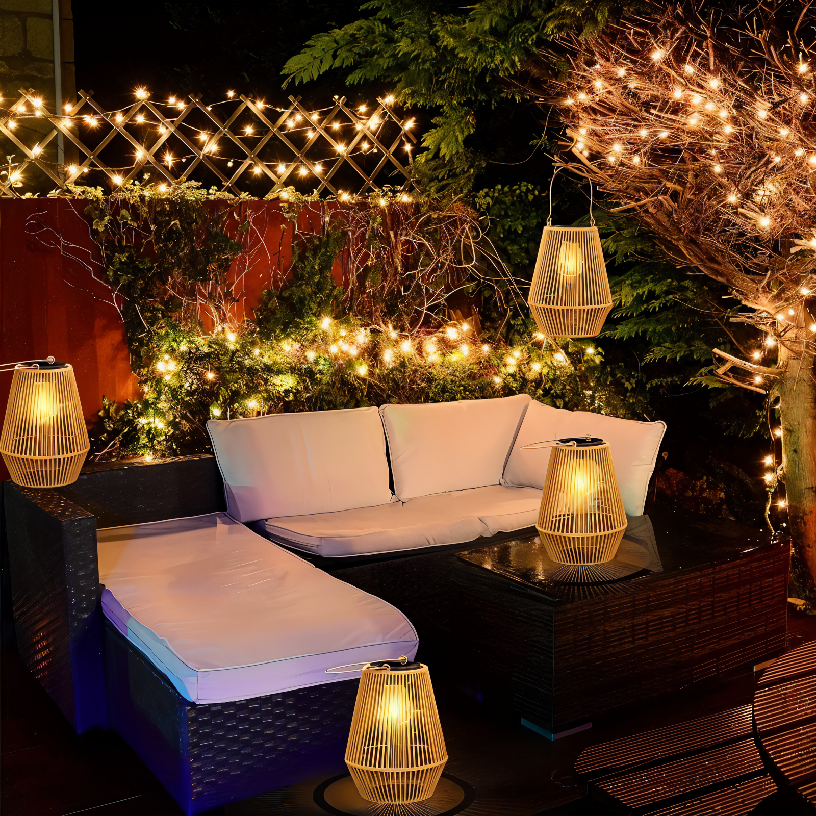 CageRattan Solarleuchten Garten - Bambus Solarleuchten - Wasserdichte Hängelaterne