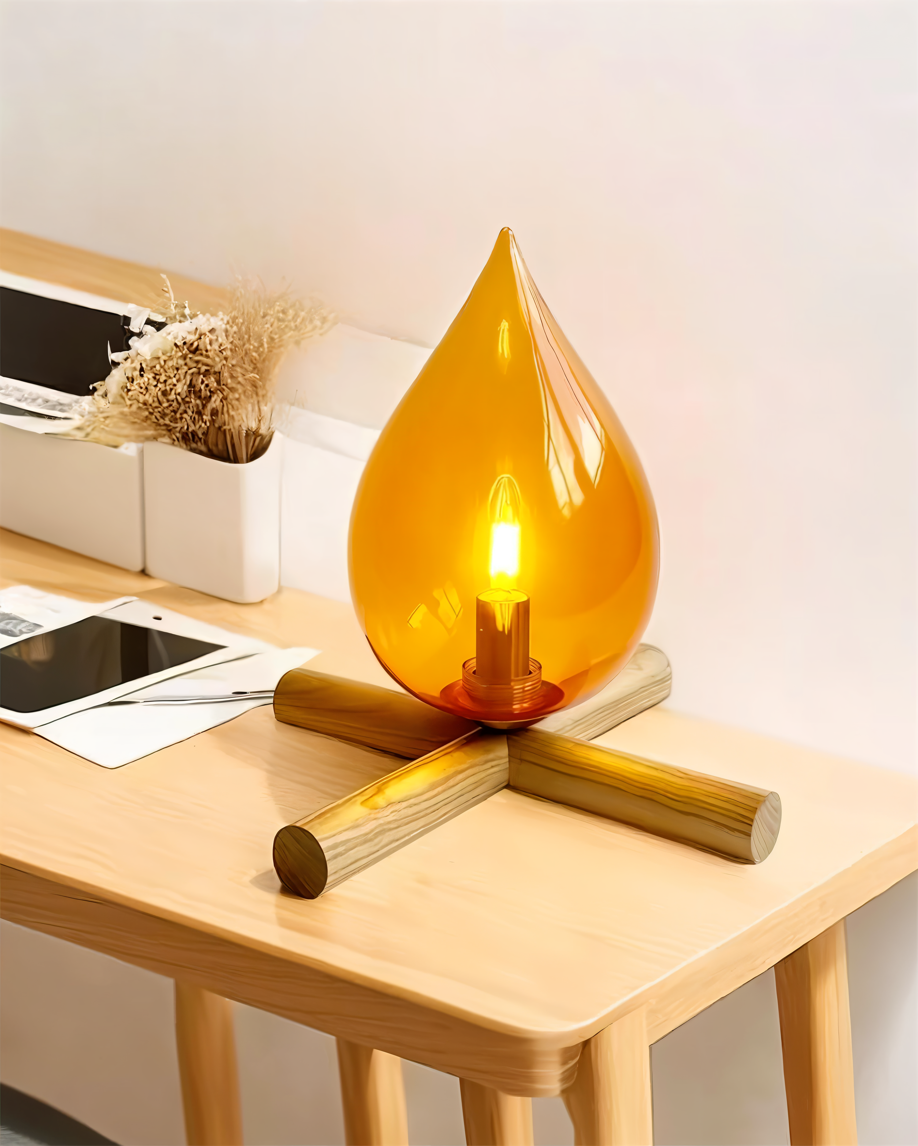 FireFlare Tischlampe - Lagerfeuer Flamme Lampe LED mit Holzsockel