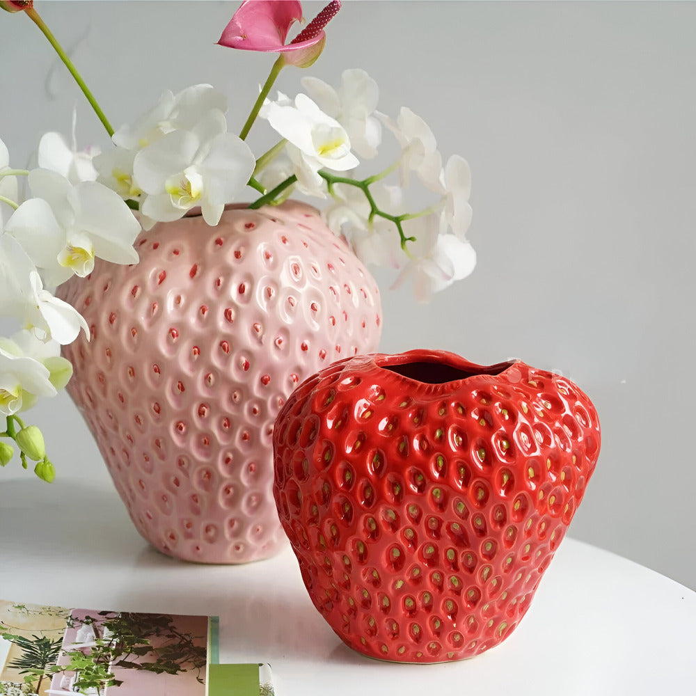 Handgefertigte Erdbeer-Keramik-Blumenvase – Elegante Wohnkultur