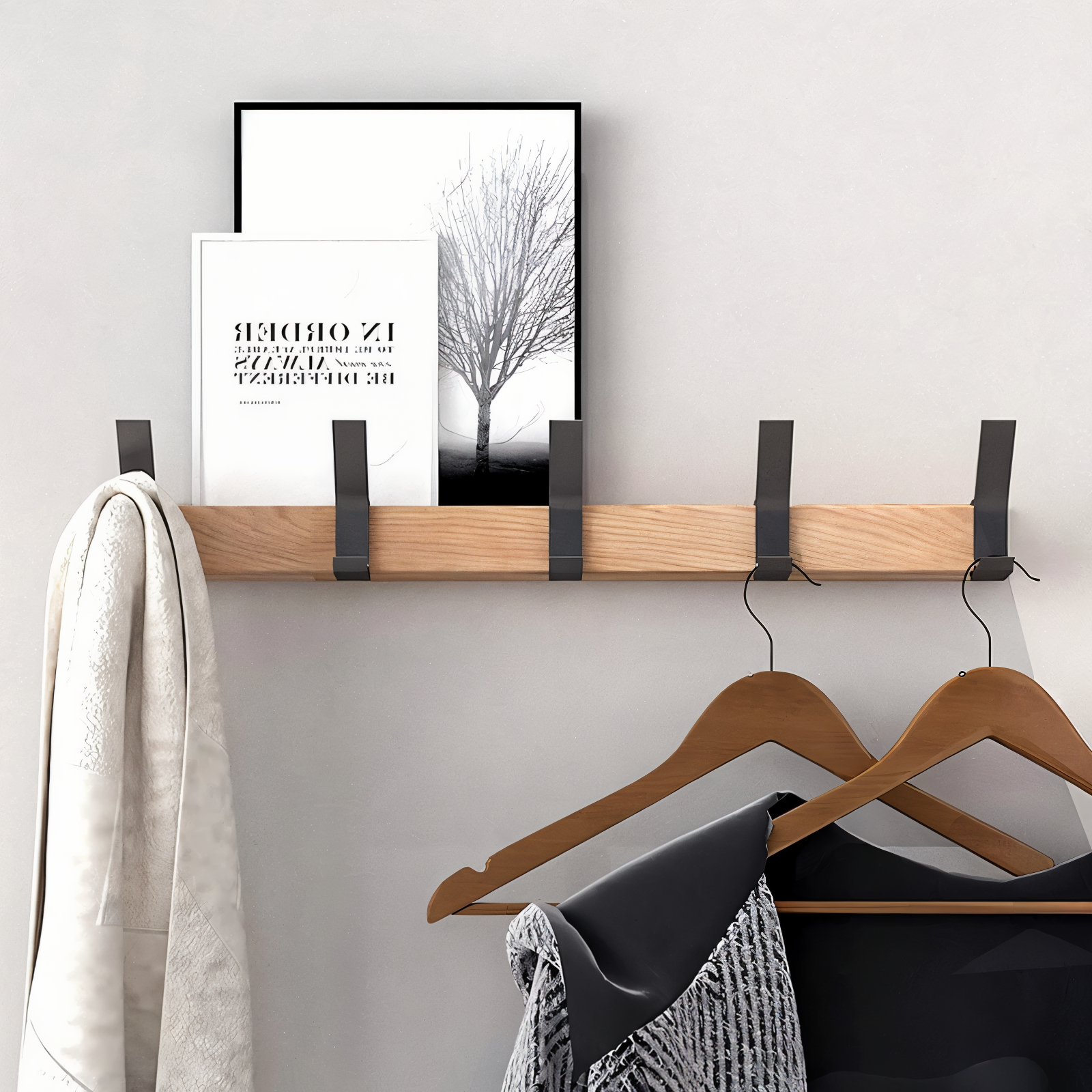 HookMov Kleiderständer - Multifunktionaler Wandhalter aus Holz mit Aluminiumhaken