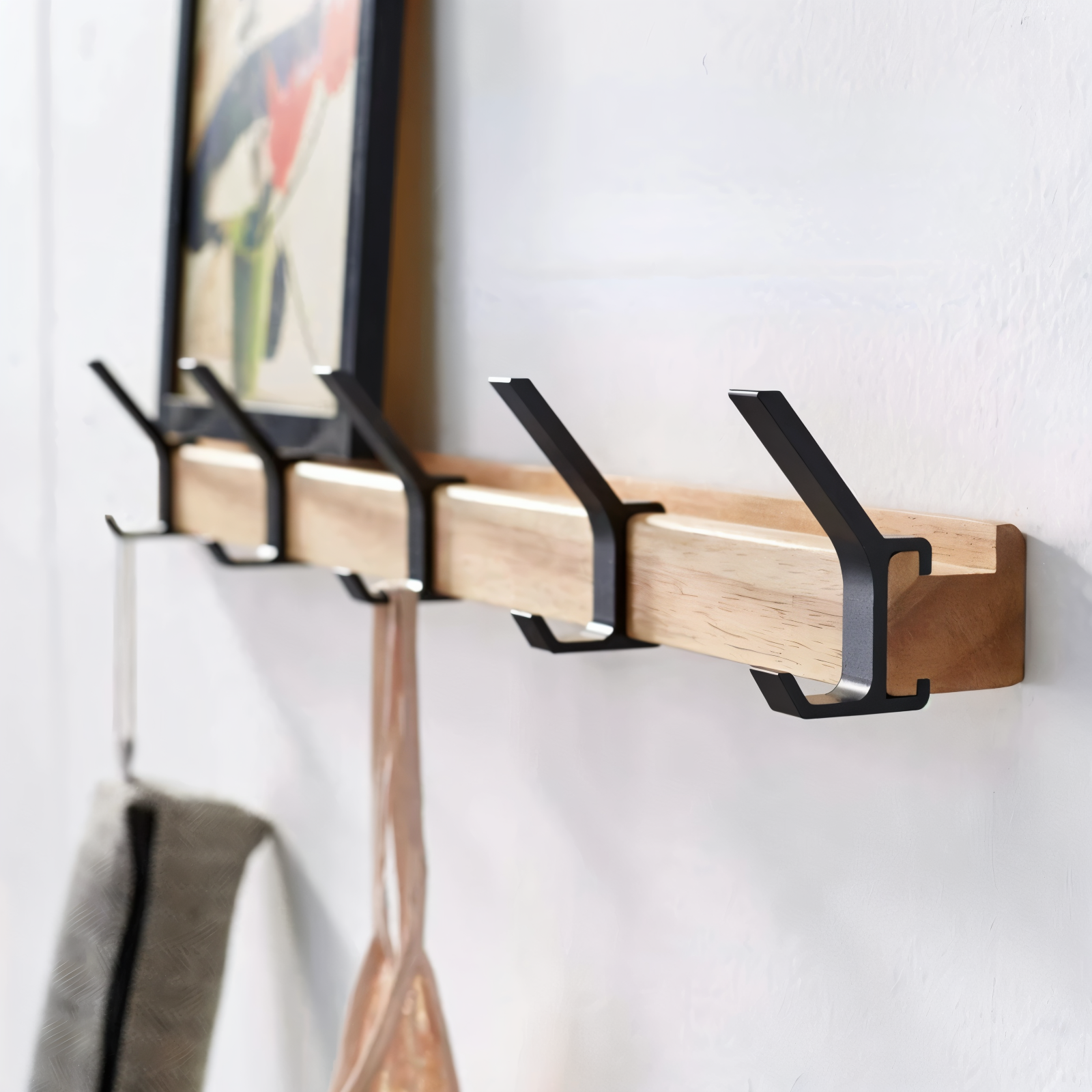 HookMov Kleiderständer - Multifunktionaler Wandhalter aus Holz mit Aluminiumhaken