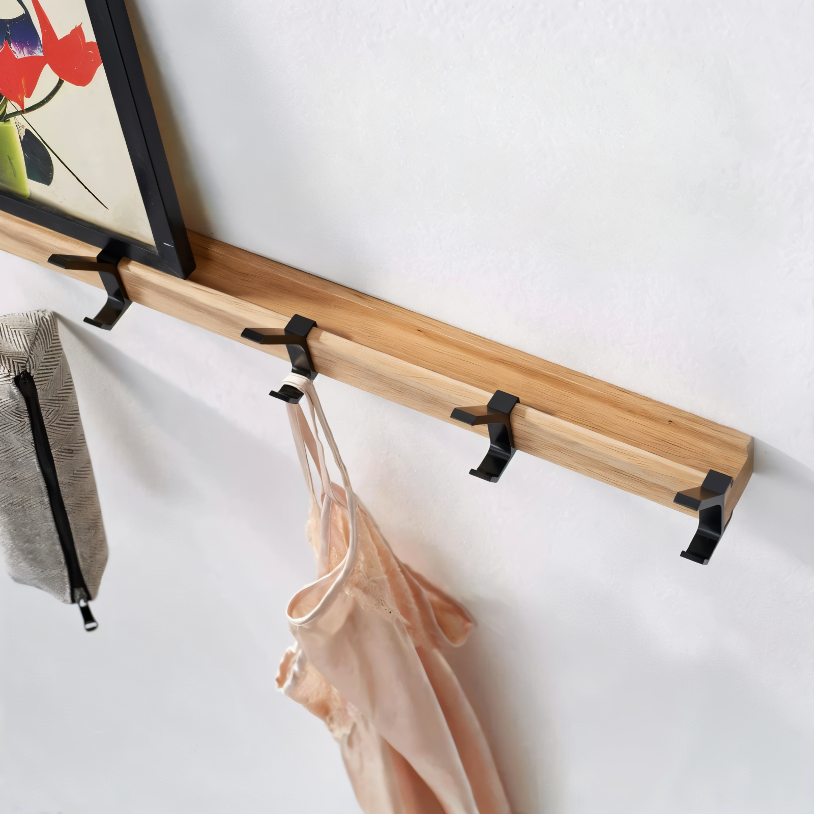 HookMov Kleiderständer - Multifunktionaler Wandhalter aus Holz mit Aluminiumhaken