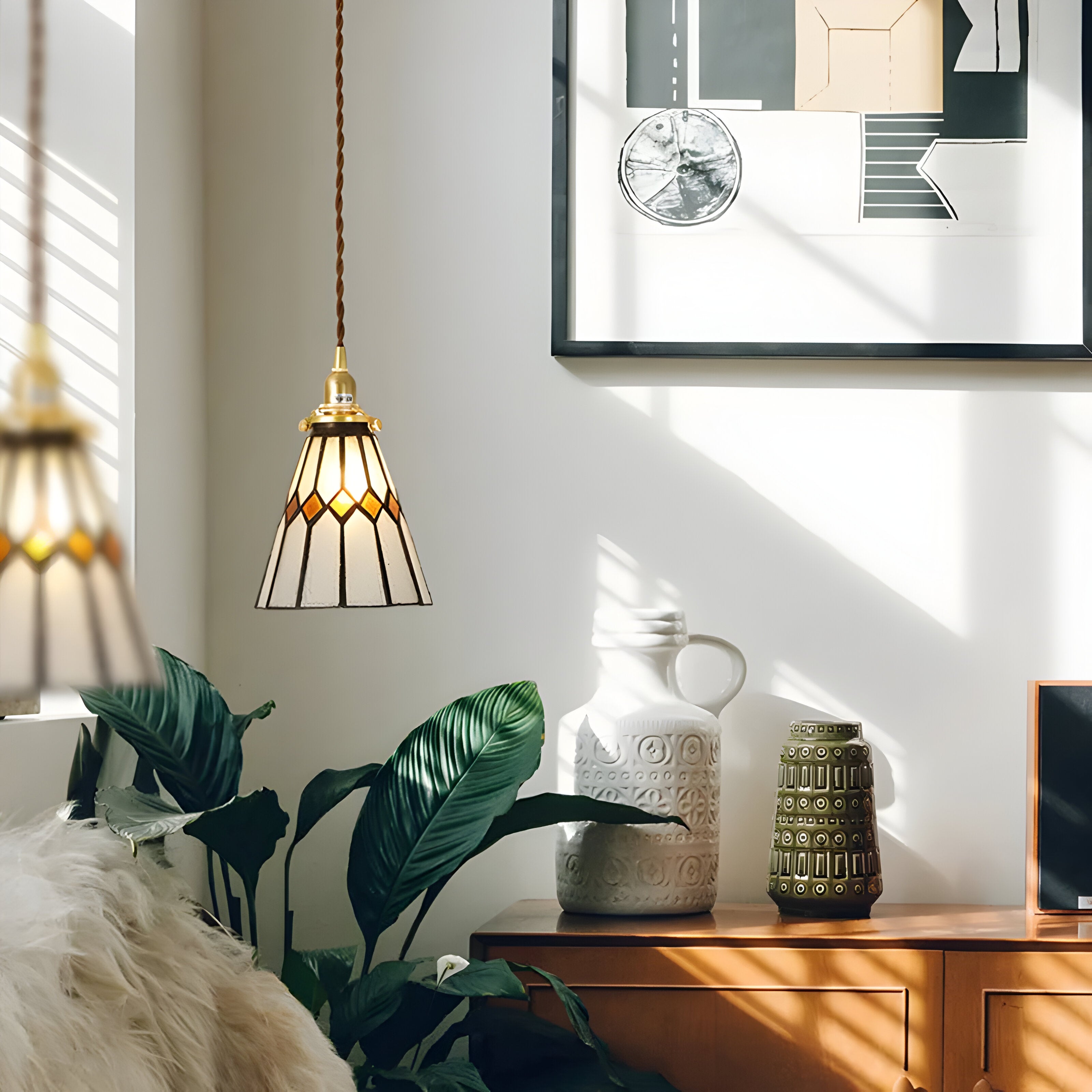 IllumaStyle Japanische Pendelleuchte - Retro Geometrische Kupfer Glas Hängelampe