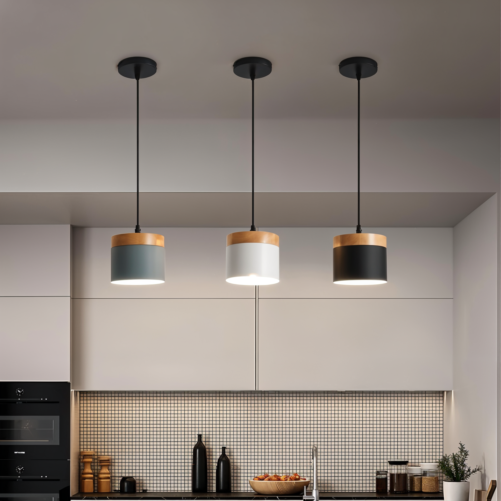 Cylinder Schicke Metall & warmes Holz Pendelleuchte