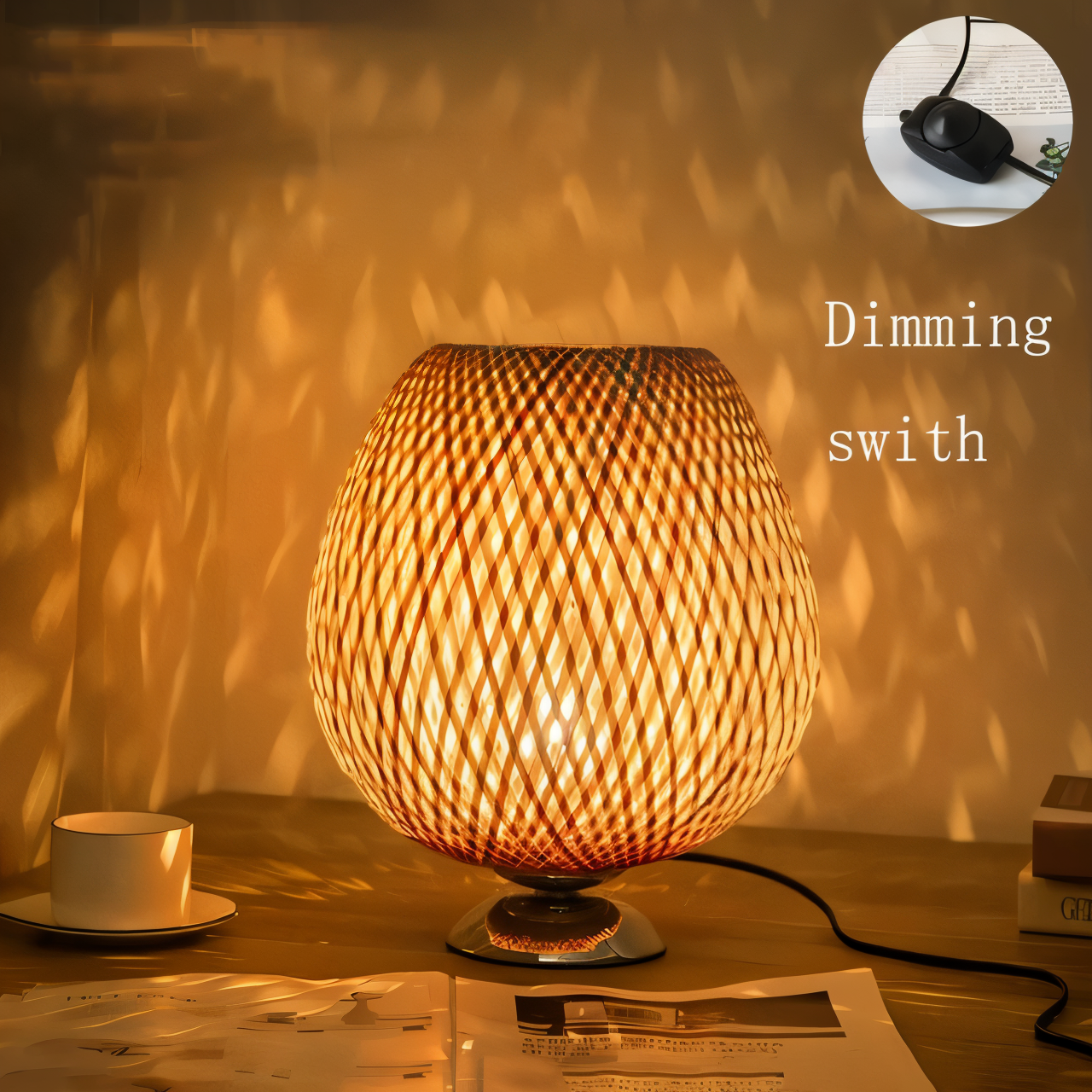 NatureHue - Vintage Bamboo Tischlampe - Kreative Wicker Schreibtischlampe