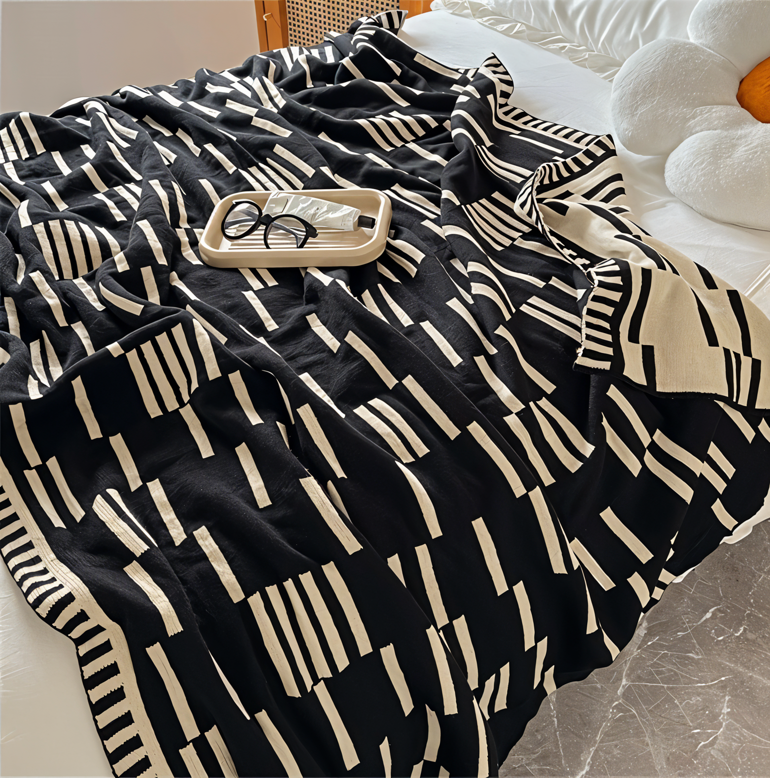 Neutral Dash Plaid - Schwarz Beige Acryl Fleece Blanket - Strick Bett Throw