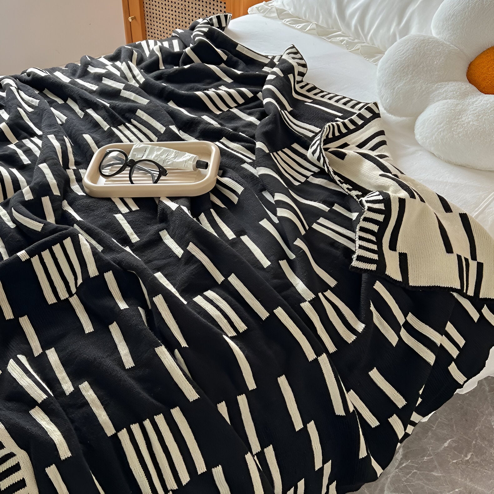 Neutral Dash Plaid - Schwarz Beige Acryl Fleece Blanket - Strick Bett Throw