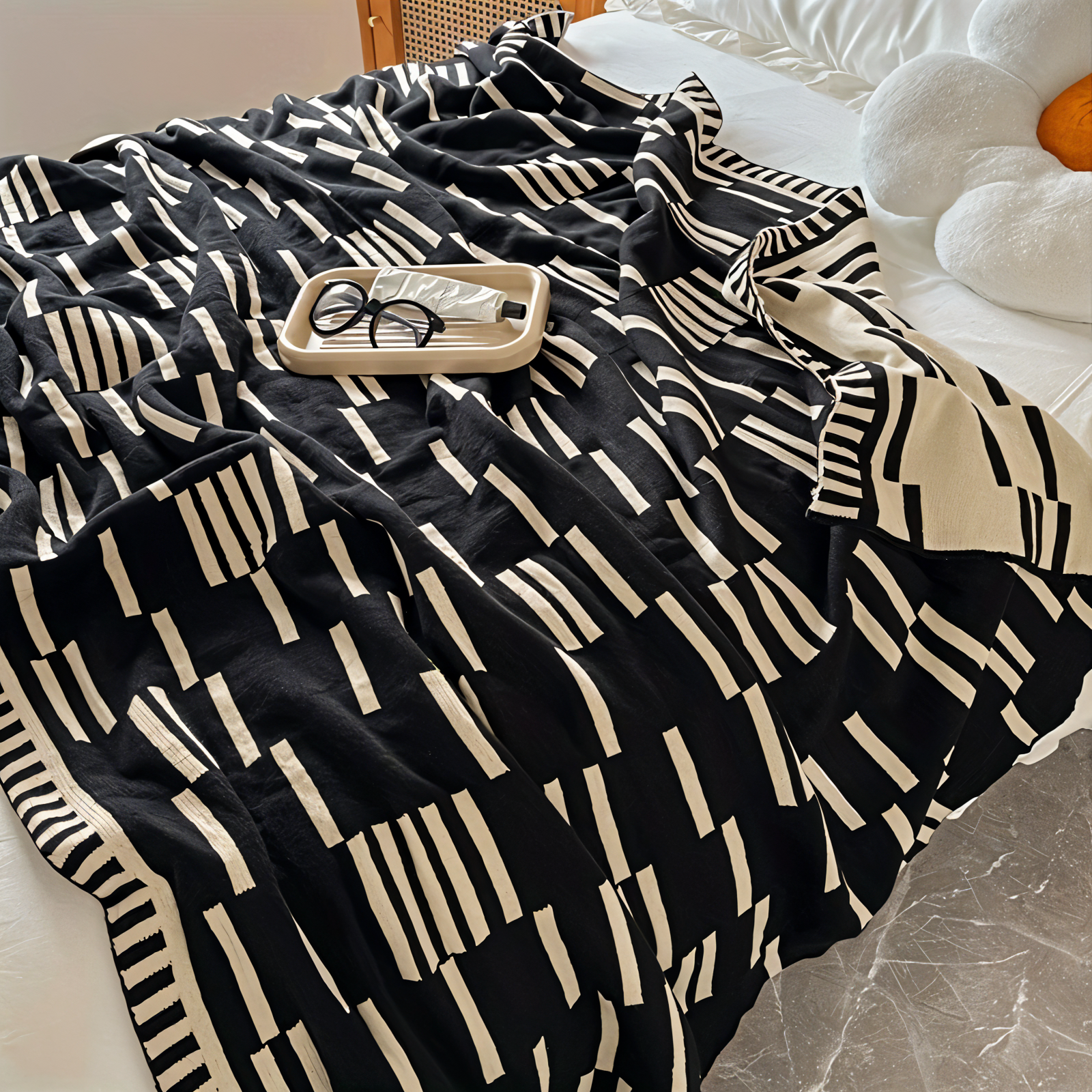 Neutral Dash Plaid - Schwarz Beige Acryl Fleece Blanket - Strick Bett Throw
