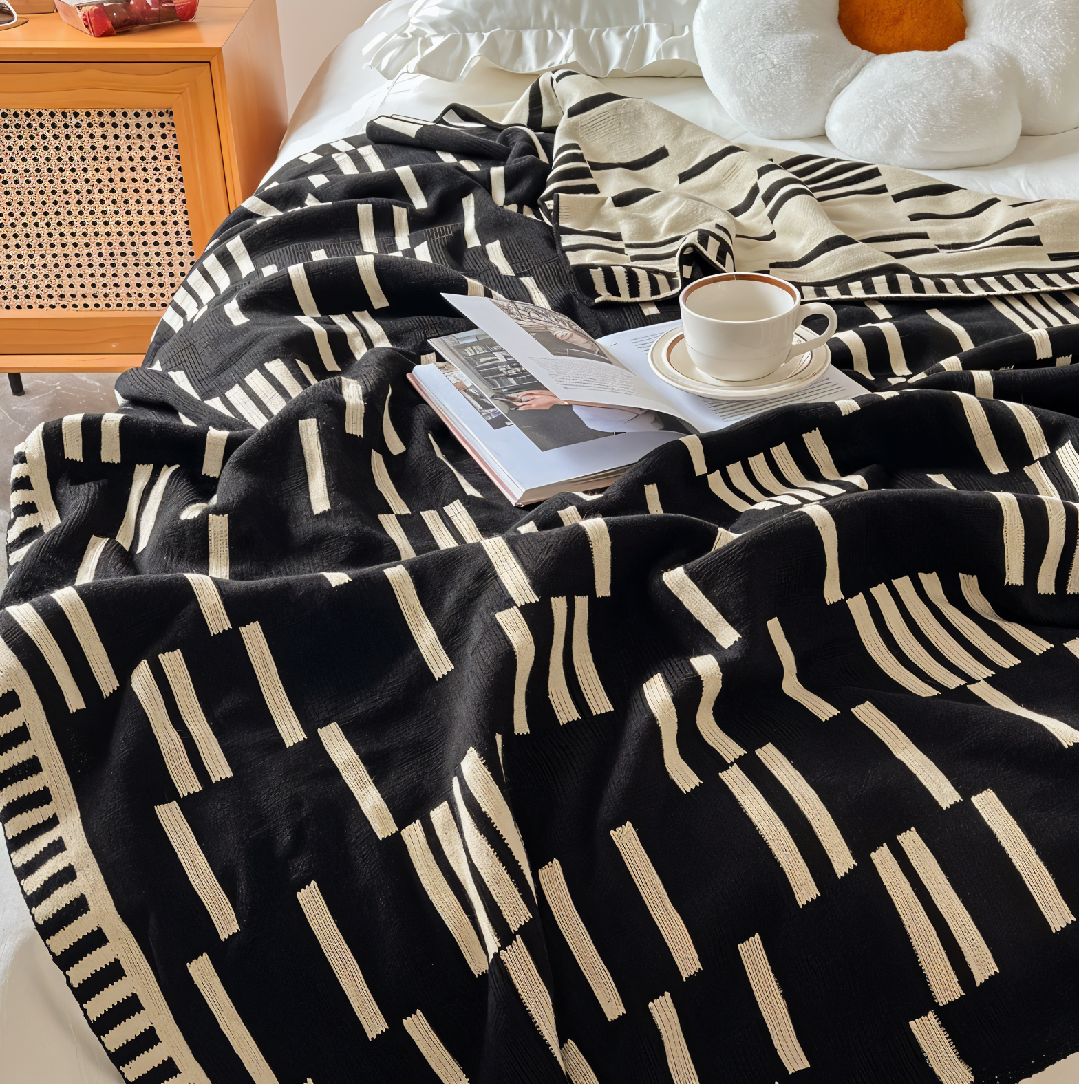 Neutral Dash Plaid - Schwarz Beige Acryl Fleece Blanket - Strick Bett Throw
