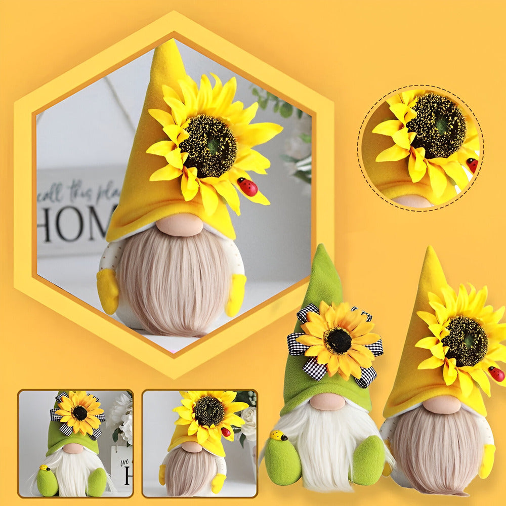 Niedliche Gnome - Figur mit gelber Sonnenblume - Weiches Plüsch-Schreibtischornament für die Wohnkultur und einzigartige Geschenkidee