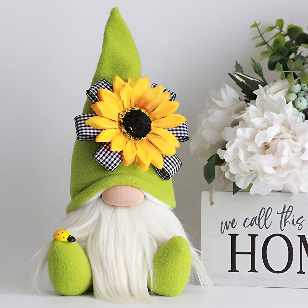 Niedliche Gnome - Figur mit gelber Sonnenblume - Weiches Plüsch-Schreibtischornament für die Wohnkultur und einzigartige Geschenkidee