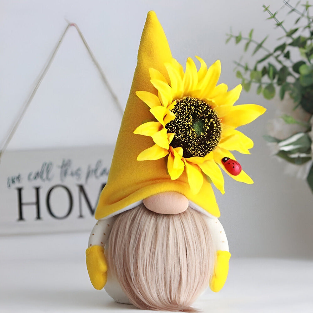 Niedliche Gnome - Figur mit gelber Sonnenblume - Weiches Plüsch-Schreibtischornament für die Wohnkultur und einzigartige Geschenkidee