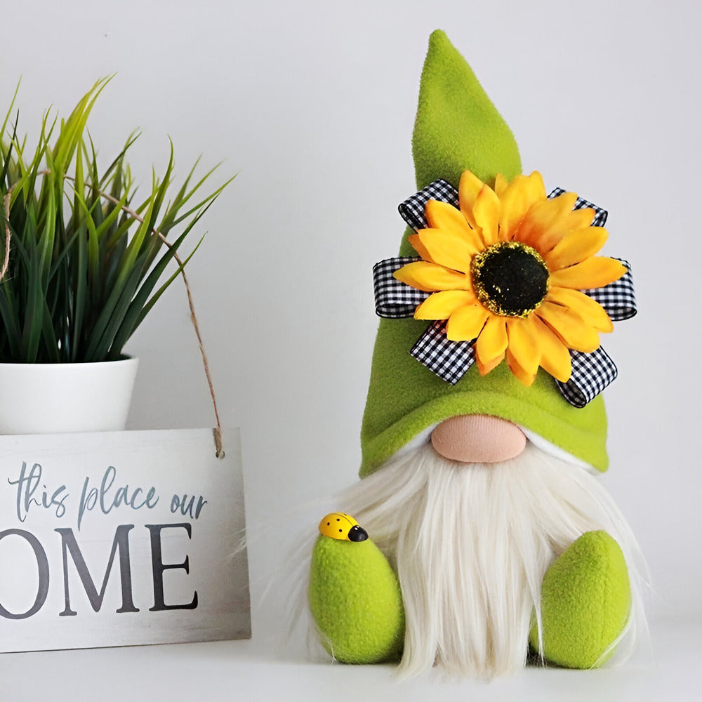 Niedliche Gnome - Figur mit gelber Sonnenblume - Weiches Plüsch-Schreibtischornament für die Wohnkultur und einzigartige Geschenkidee