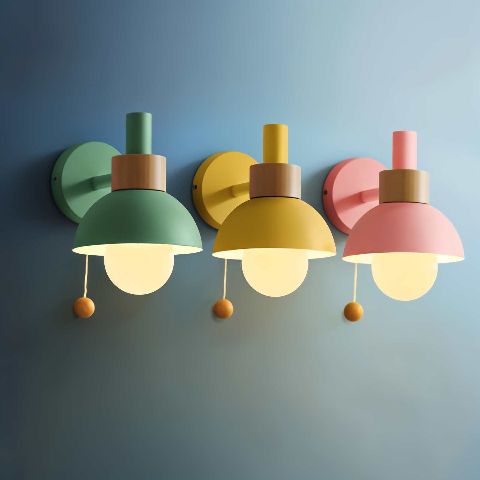 PastelPop WallLight - Holz Macaron Eisen Wandleuchter mit Zugschalter