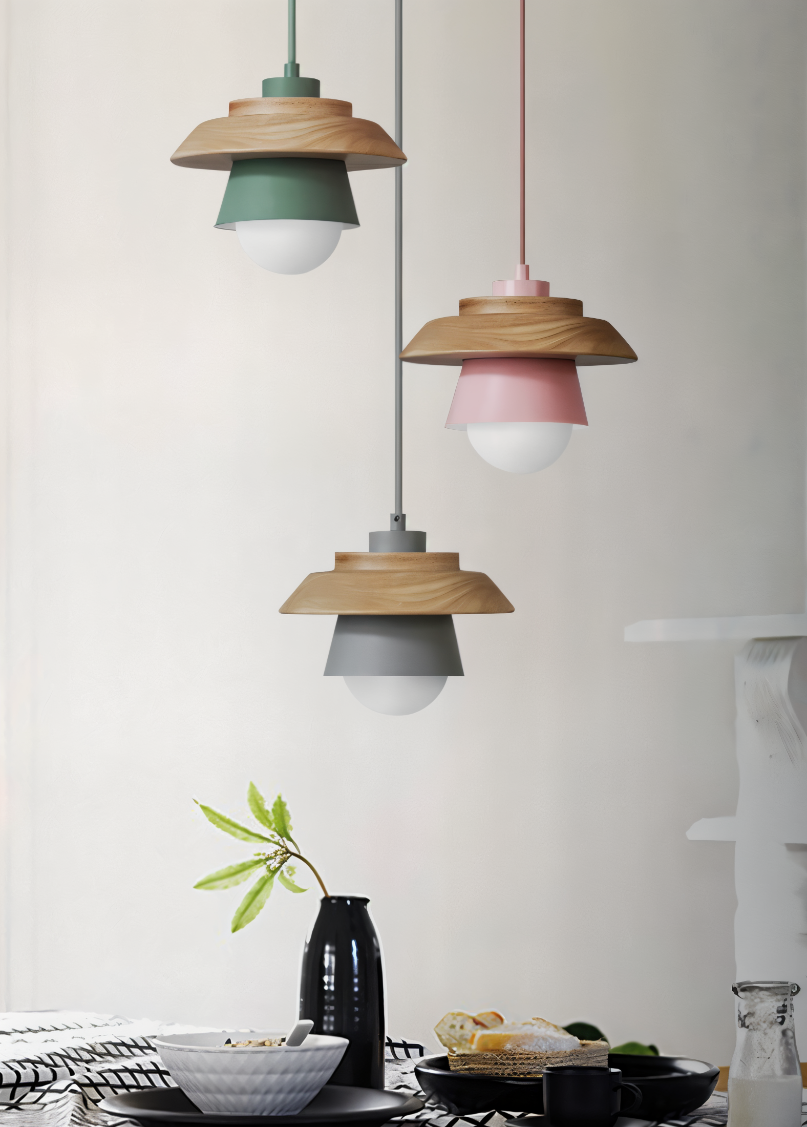 Scandi Pendelleuchte - Nordisches Holz & Metall Macaron LED Hängelampe