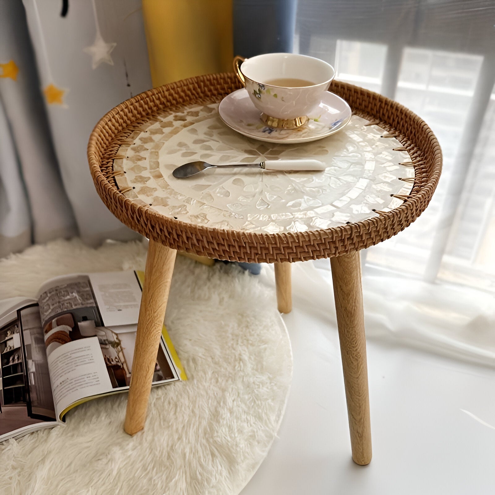 Scandi Couchtisch - Handgefertigter Rattan Couchtisch rund - Couchtisch Holz