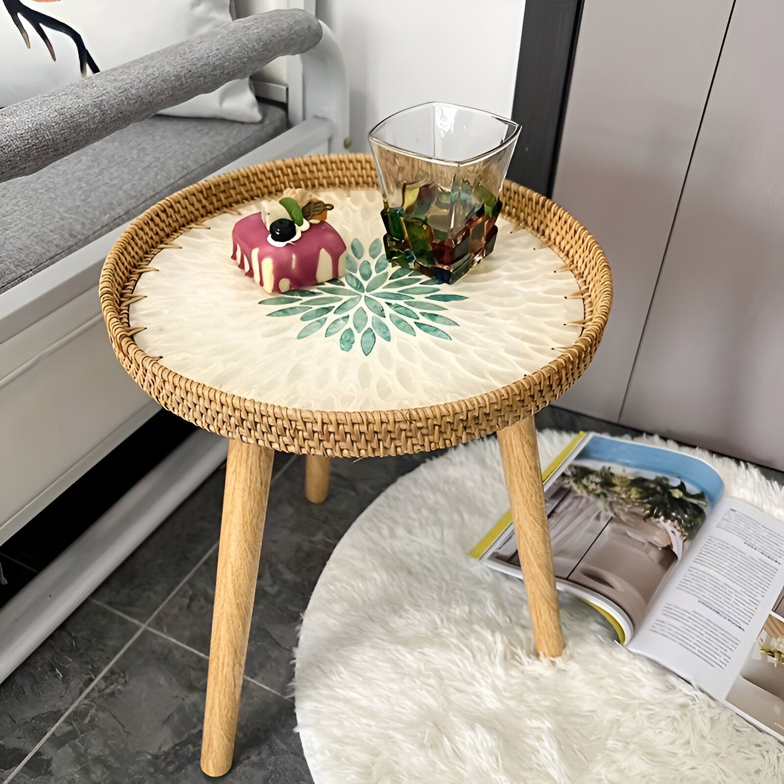 Scandi Couchtisch - Handgefertigter Rattan Couchtisch rund - Couchtisch Holz