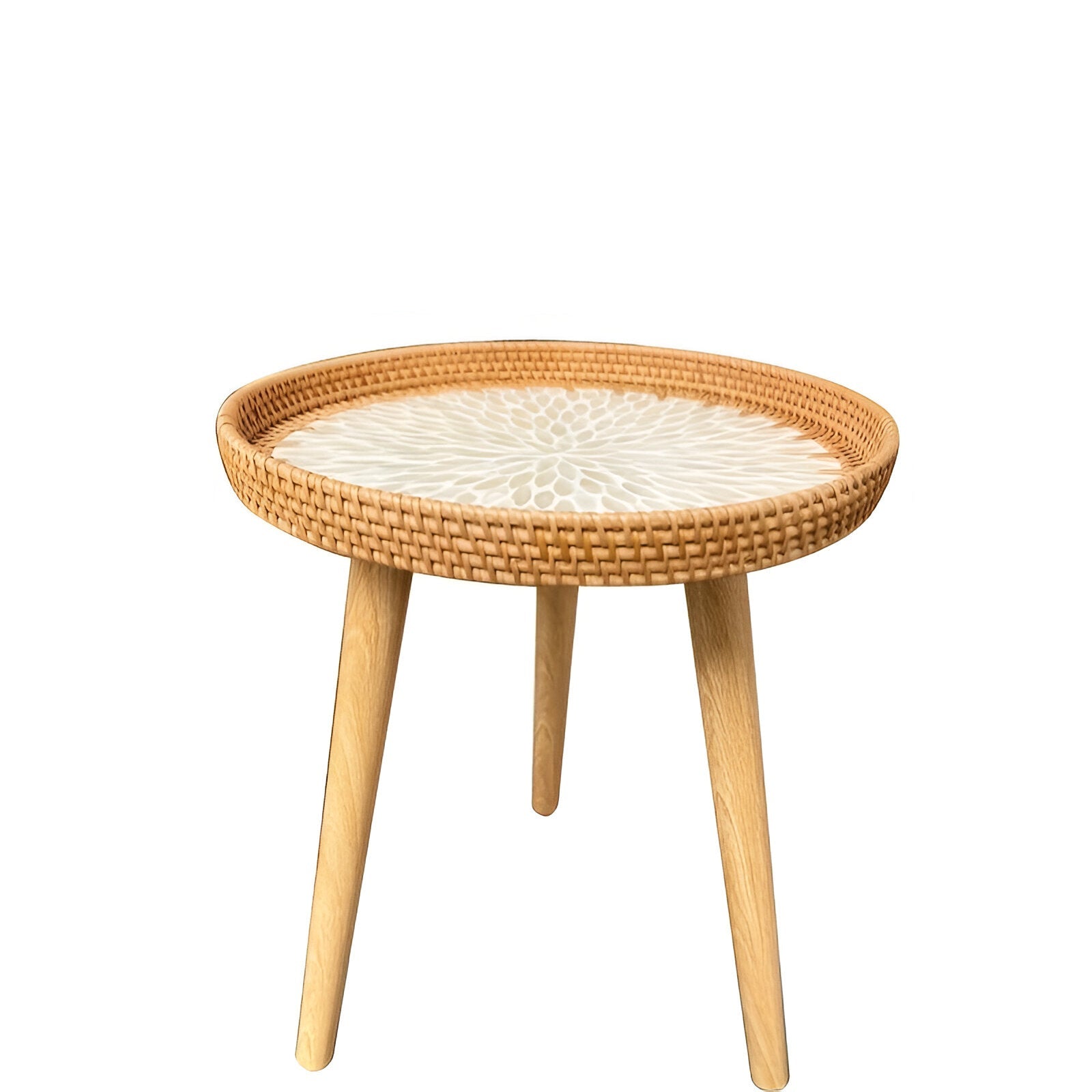 Scandi Couchtisch - Handgefertigter Rattan Couchtisch rund - Couchtisch Holz