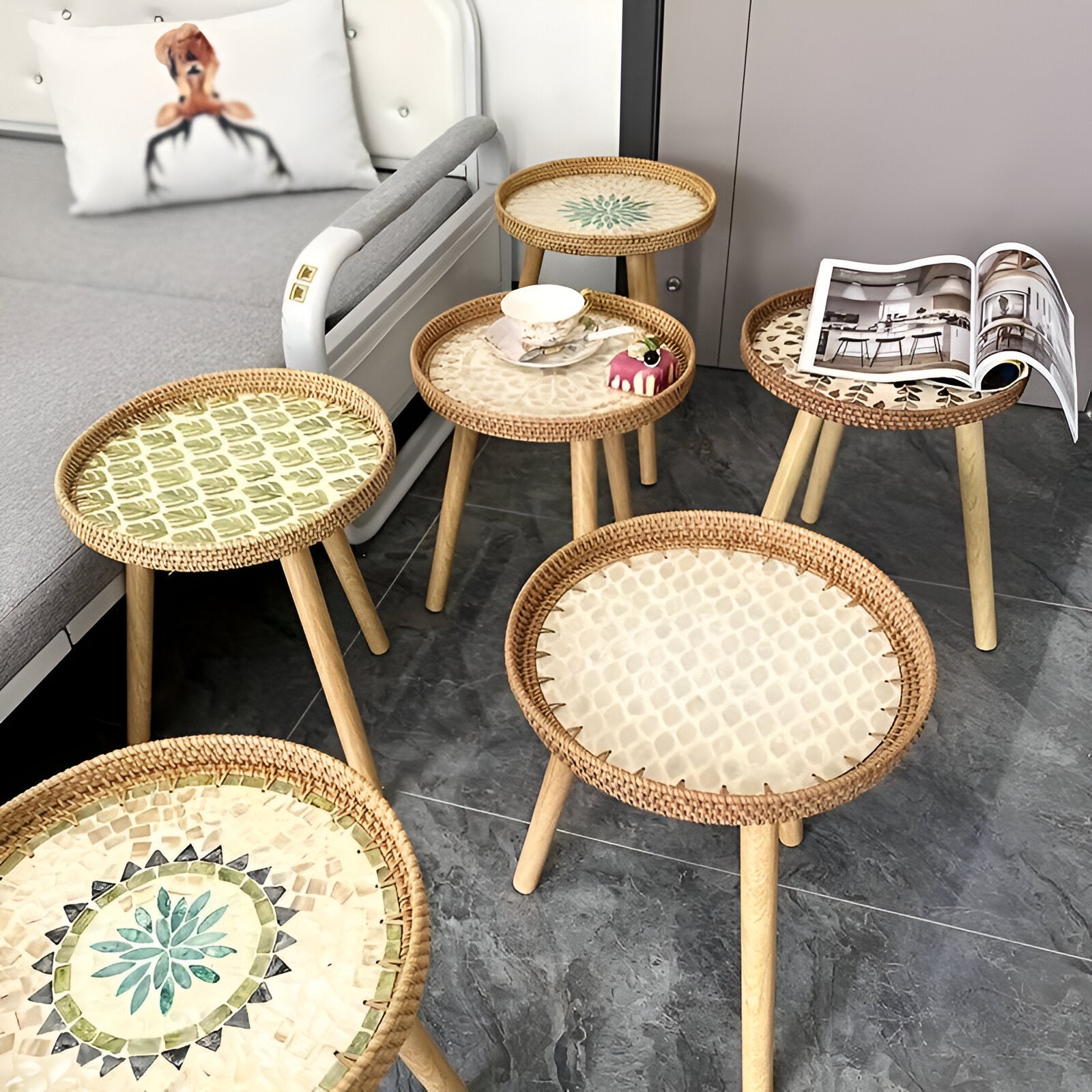 Scandi Couchtisch - Handgefertigter Rattan Couchtisch rund - Couchtisch Holz