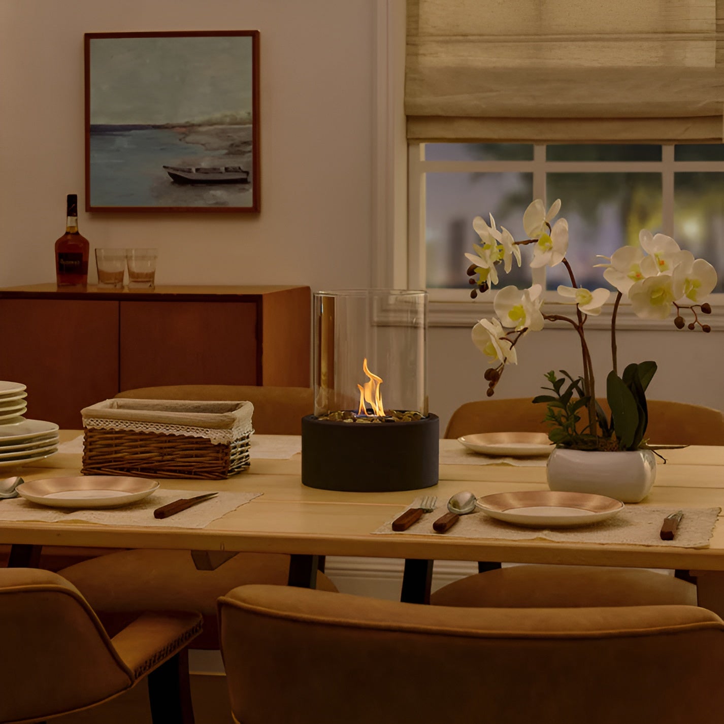 SleekFlame Tischkamin - Stilvolle schwarze Metallbasis Tischfeuer Outdoor