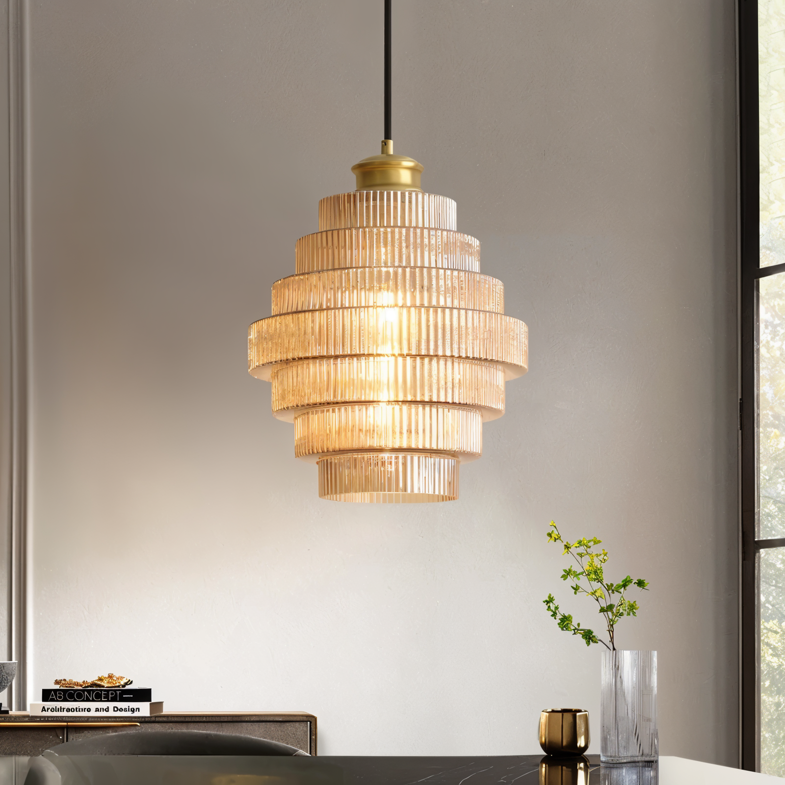 Stunlier Pendelleuchte - Retro Glas und Messing Hängelampe - Layered Kronleuchter für Wohnzimmer
