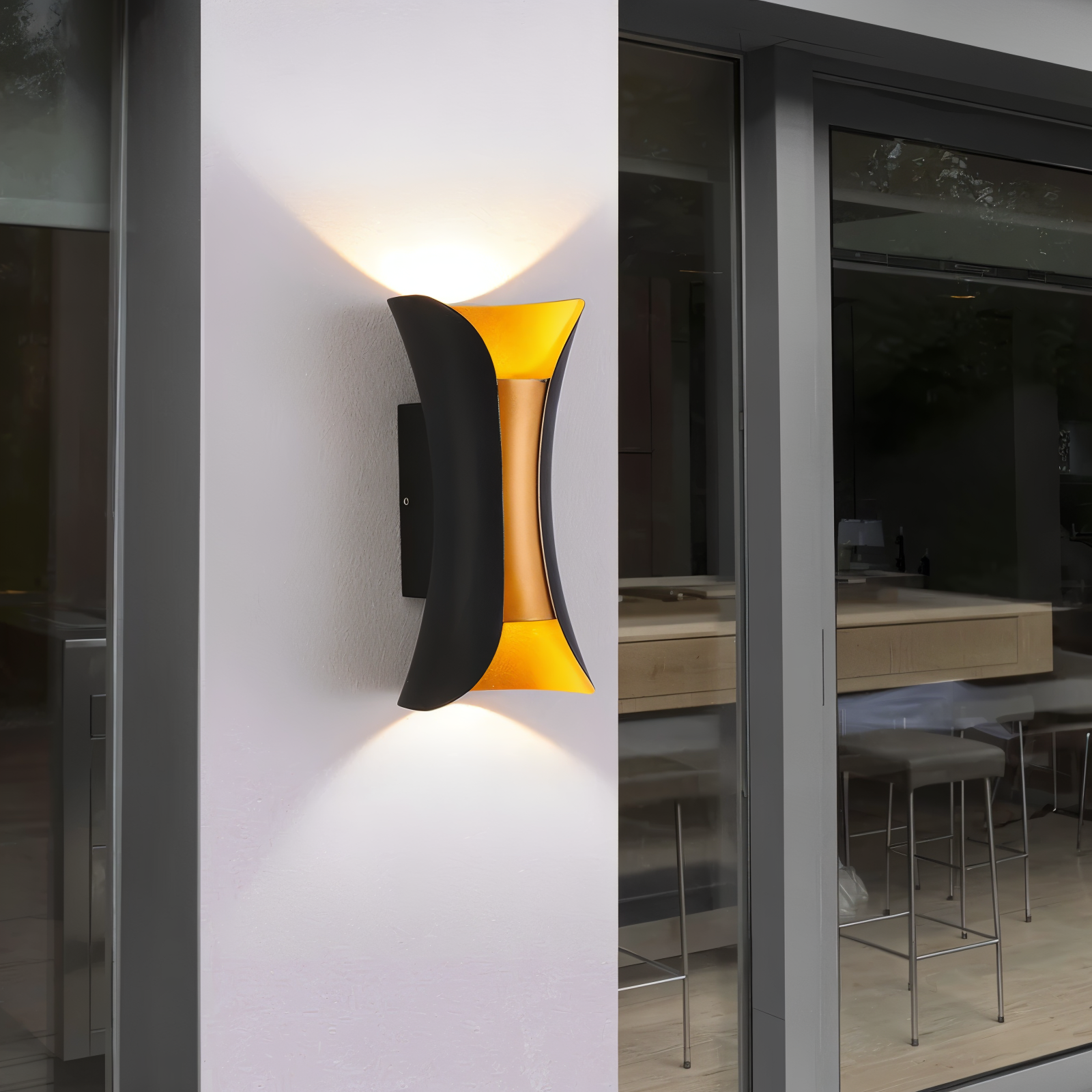 TwinBeam Wandleuchte - Doppelkopf LED Wandleuchte - Schwarz/Gold Wasserdichte Außenlampe