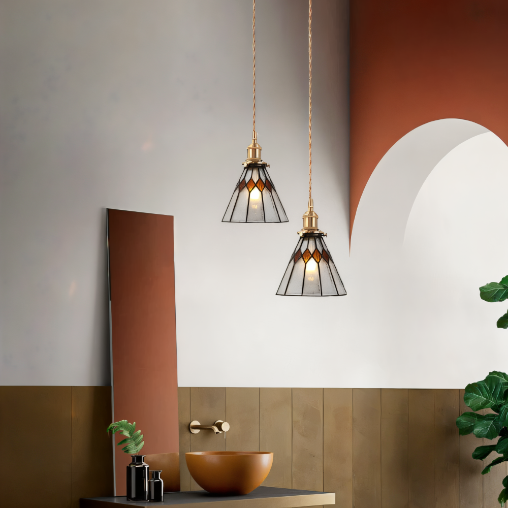 IllumaStyle Japanische Pendelleuchte - Retro Geometrische Kupfer Glas Hängelampe
