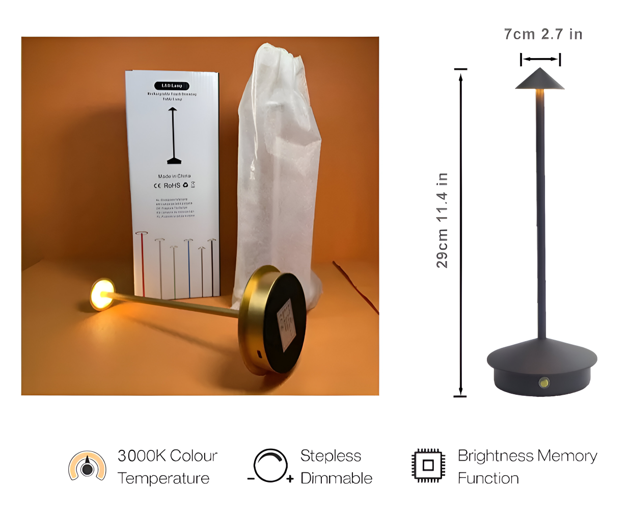 IllumeCone Tischlampe - Kabellose, Dimmbare, Wasserdichte Schreibtischlampe