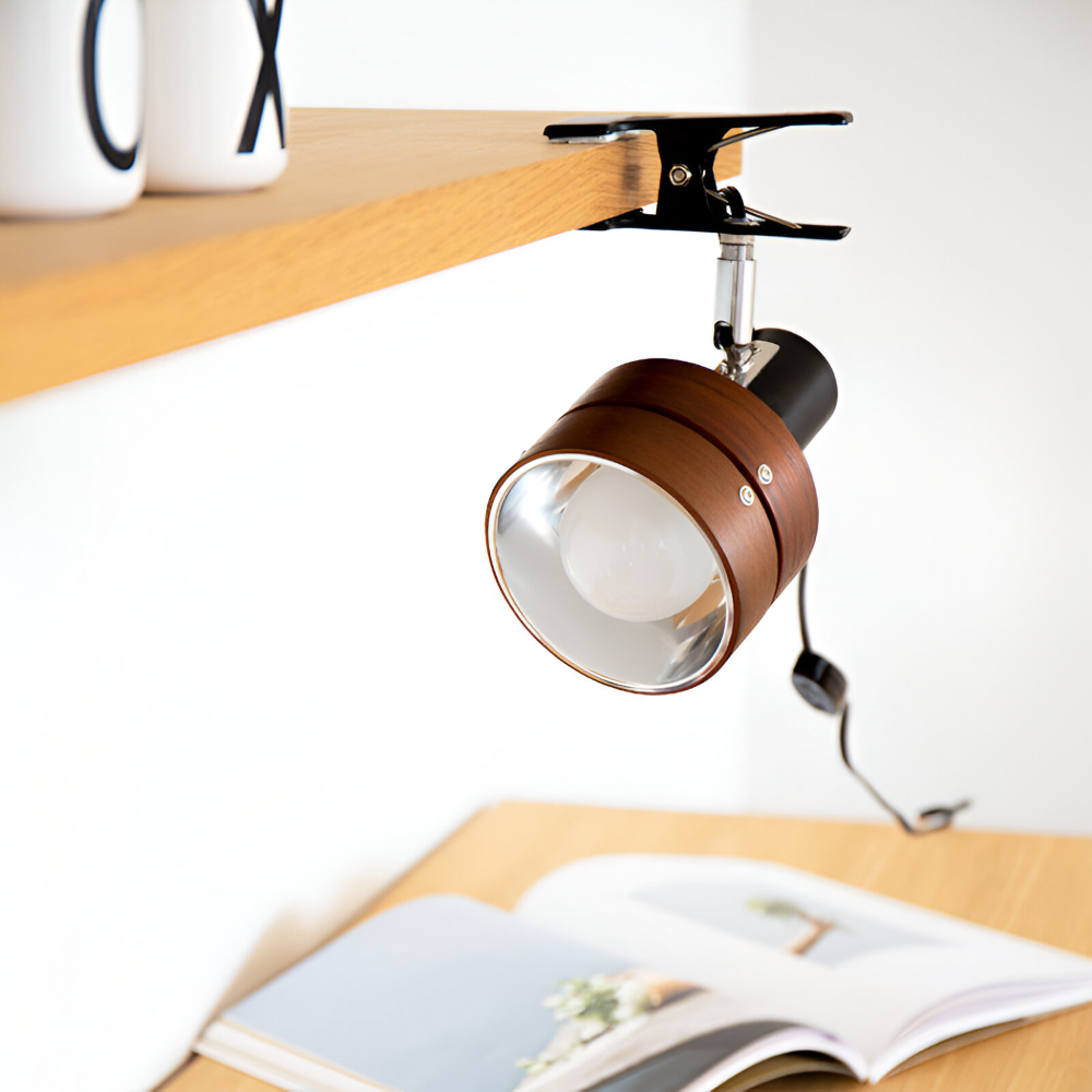 Japanisch Inspirierte Verstellbare Klemm Schreibtischlampe - Runde Holz und Eisen Tischlampe mit Acrylschirm