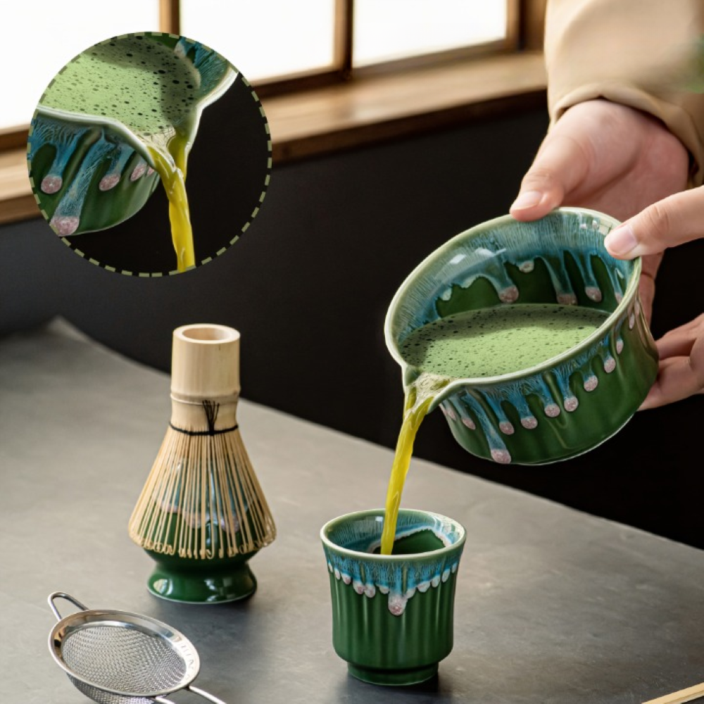 Japanisches Matcha Tee Set - 6-teilig - Keramik Matcha Schale, Bambusbesen, Sieb & Löffel - Geschenkset
