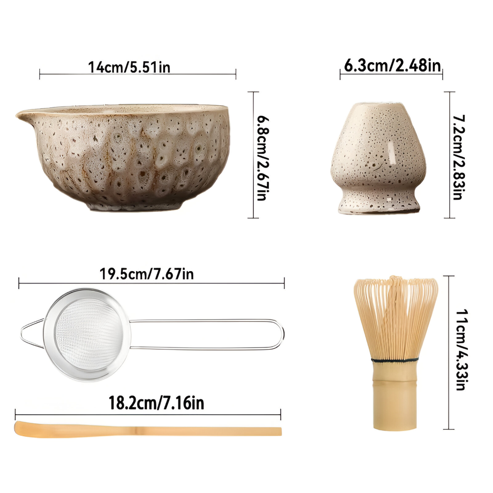 Authentisches Japanisches Tee-Set für Matcha – 5-tlg. Zubehör mit handgefertigter Keramikschale, Sieb & Bambuslöffel