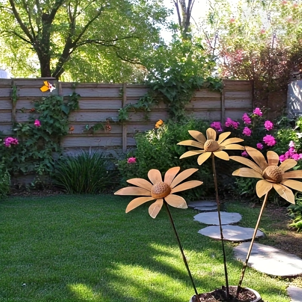 Kamille Gartenstecker aus Metall - Rustikale Gänseblümchen Gartenfigur 65cm - Wetterfeste Blumenskulptur Gartendeko