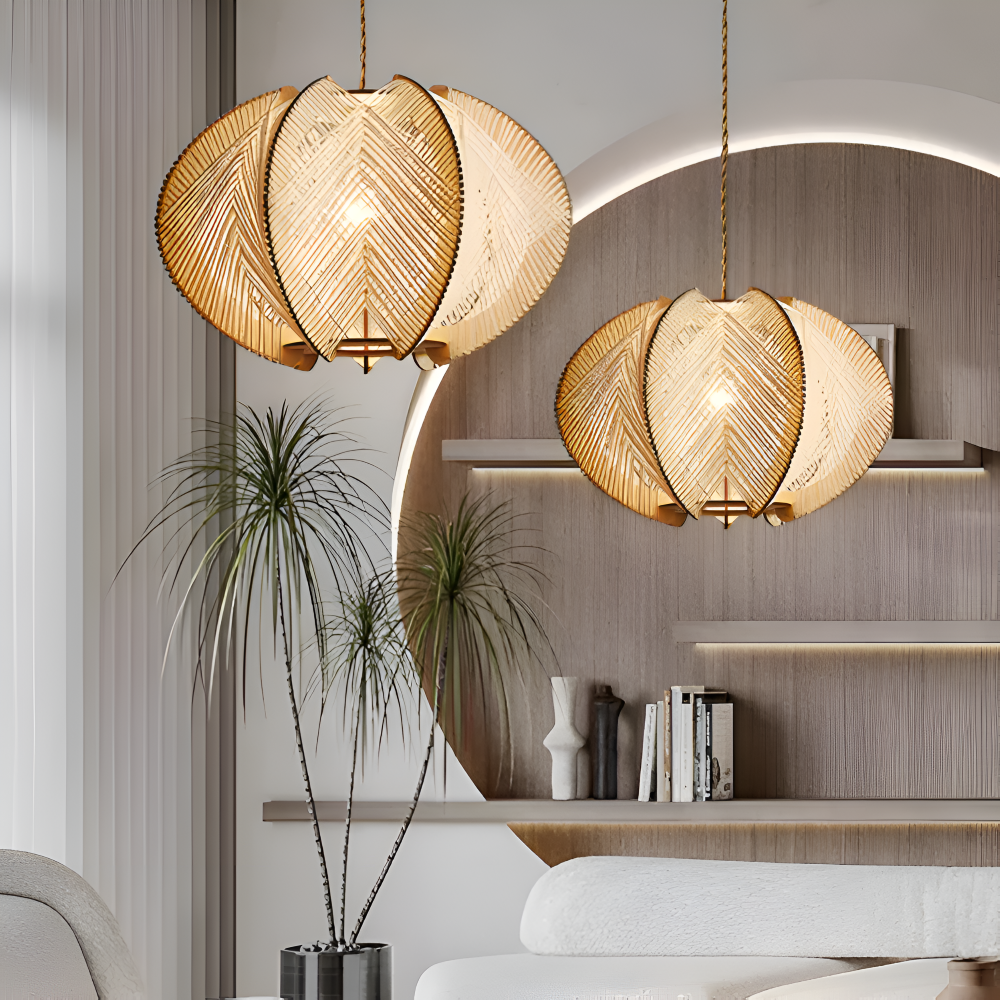 Kirei Pendelleuchte - Geometrische Hängelampe aus Hanfseil und Holz - Wabi Sabi Lighting